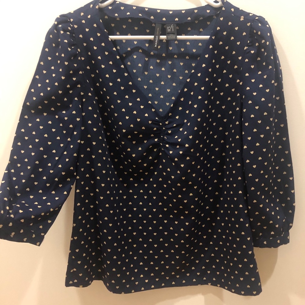 Mango Navy Blue Polka Dot Hearts Blouse Medium
